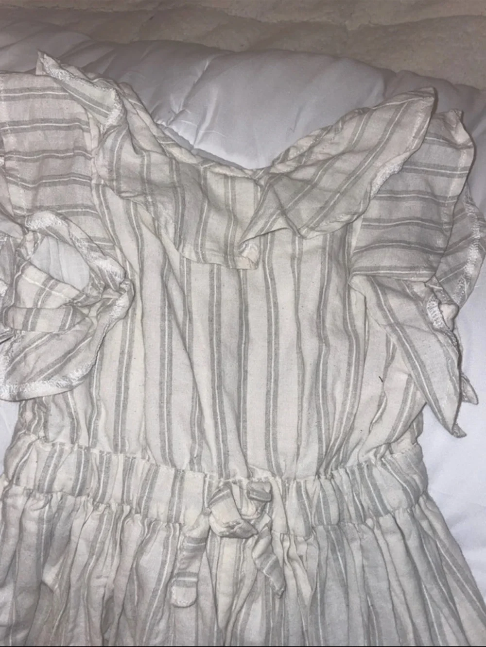Girls Cream Striped Ruffle Sleeve Dress